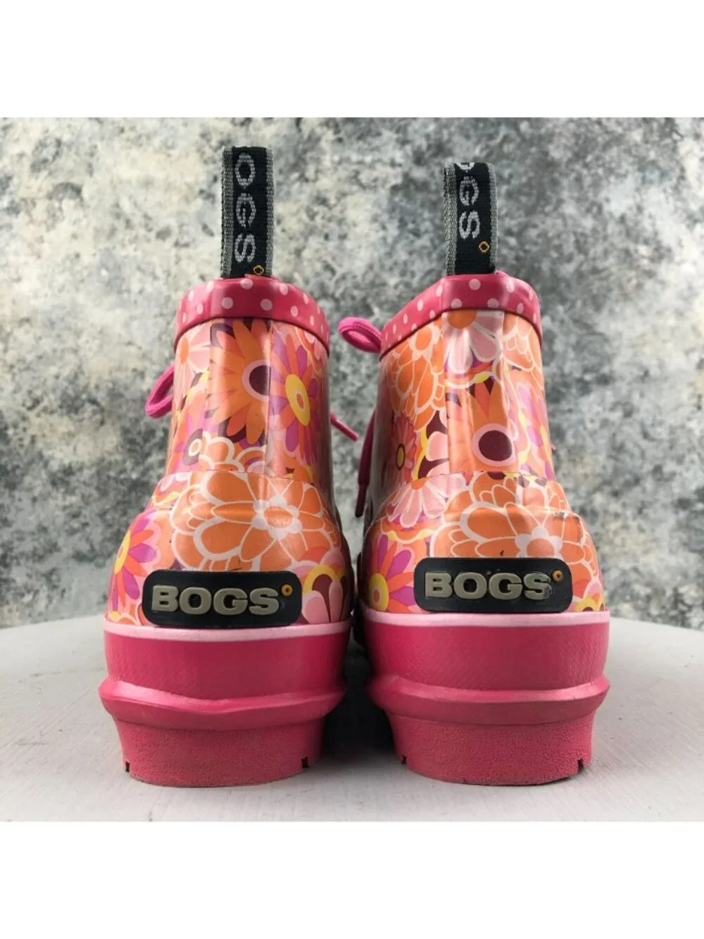 Bogs Kids Size 6 Charlot Pink Orange Floral Print Lace-Up Ankle Rain Boots